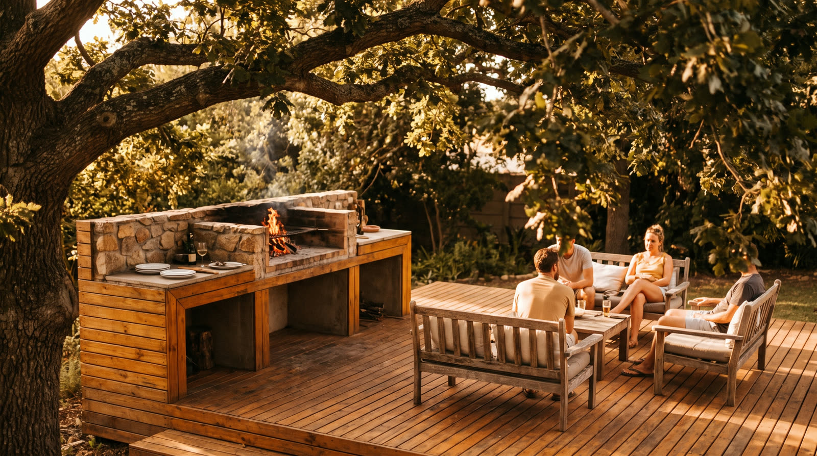 Garden deck under trees with built-in braai