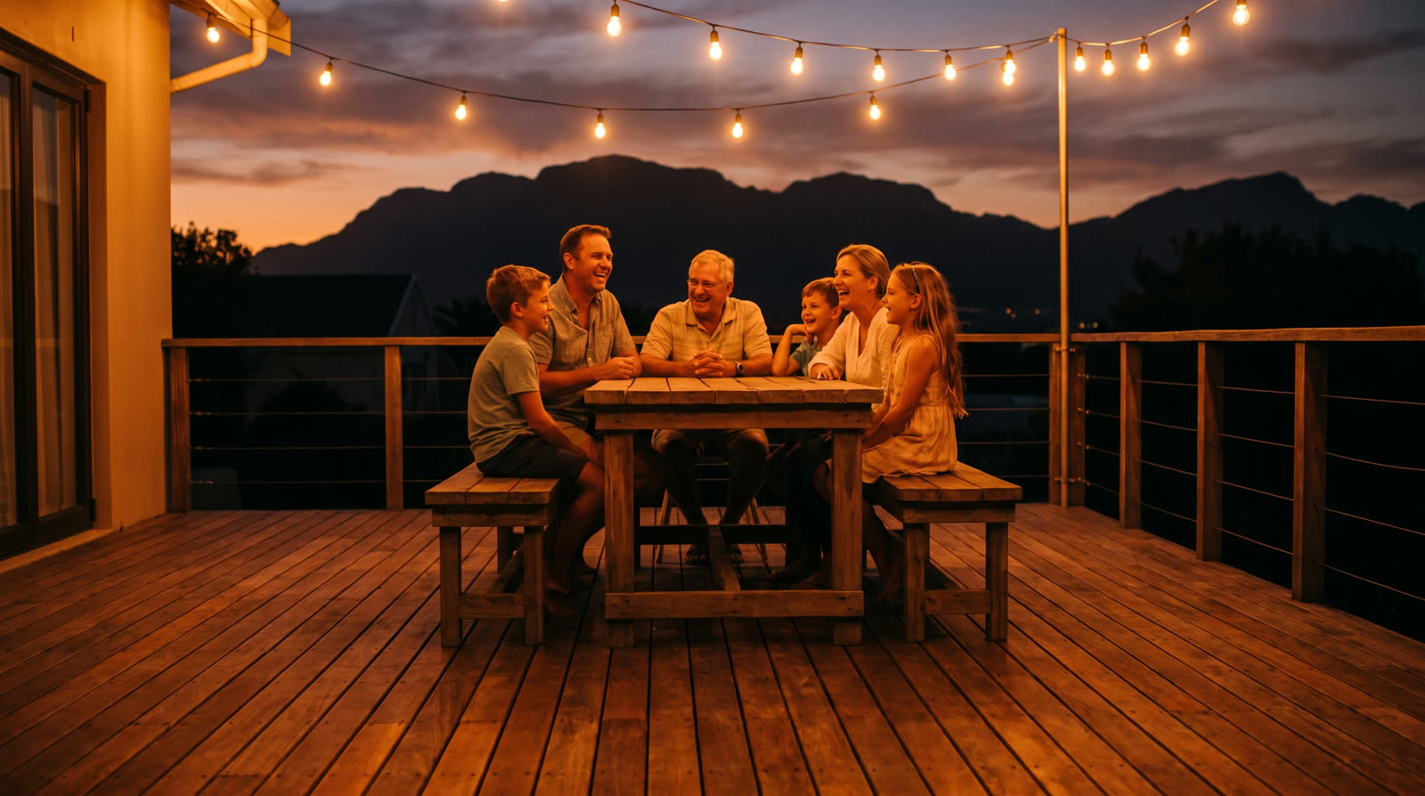 Family deck at dusk with string lights