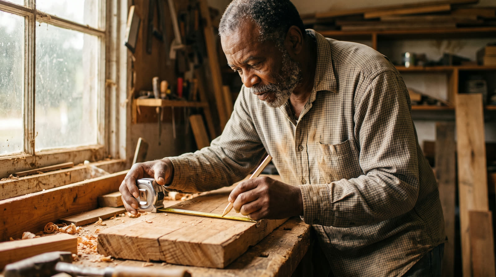 Admire measuring and marking a hardwood board